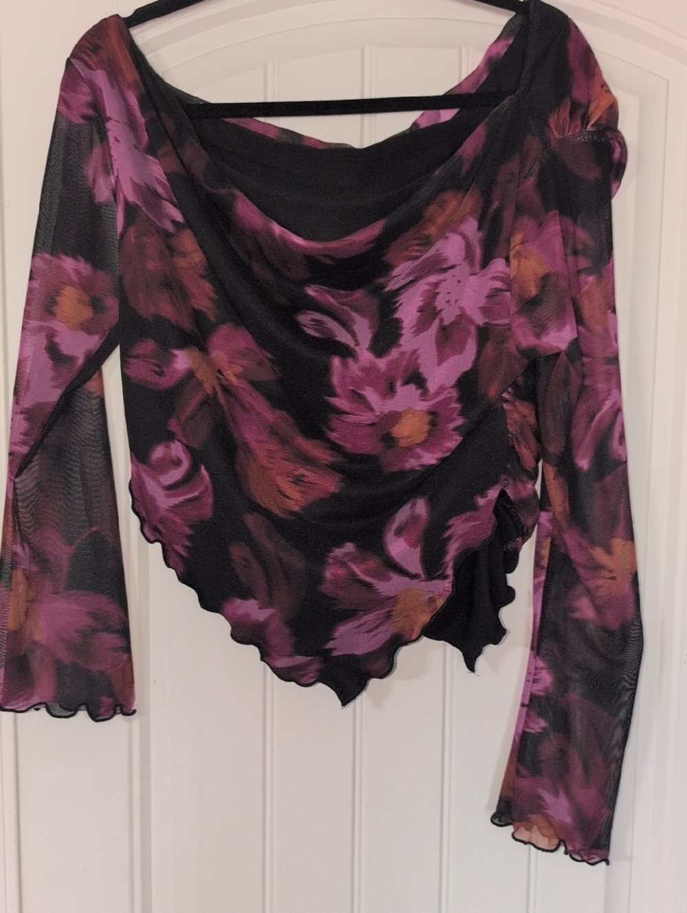 Unk Black Floral Mesh Long-Sleeve Top with Purple and Brown Accents